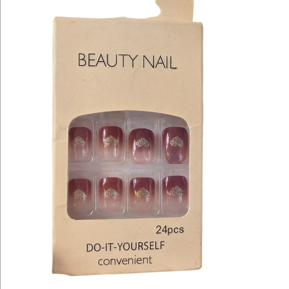 Beauty Nail Dusty Rose Pink Gold Glitter Heart Short Square Nails